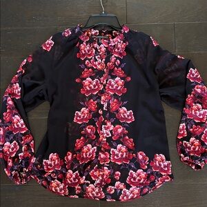WHBM Blouse Top Sheer Black Red Floral Long Sleeve Work Office  sz M
